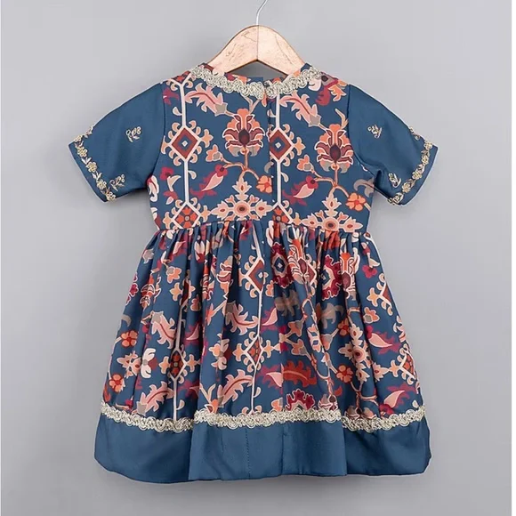 RARE Little Brats Sapphire Maheshwari Silk Ikat  Embroidered Gown - Size 1-2 - Picture 2 of 9